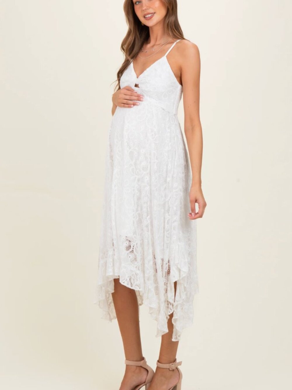 PinkBlush Ivory Twist Front Lace Maternity Maxi Dress
